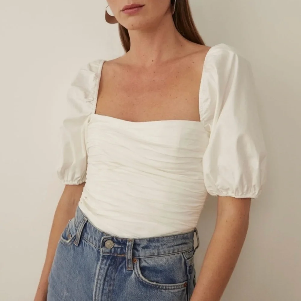 Reformation white puff sleeve ruched top NWT